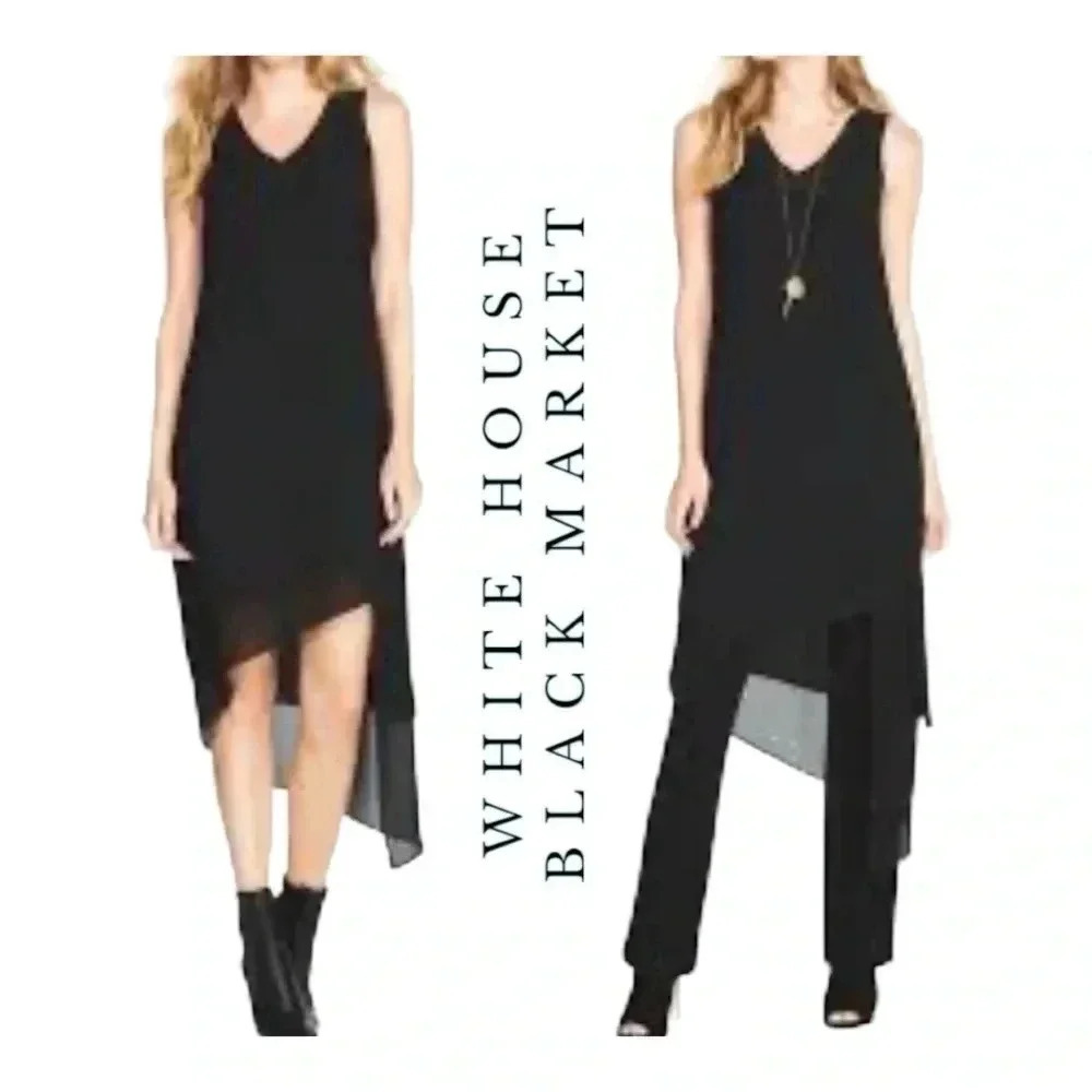1857. WHITE HOUSE BLACK MARKET ASYMMETRICAL DRESS/TUNIC SIZE 2 BLACK IN COLOR